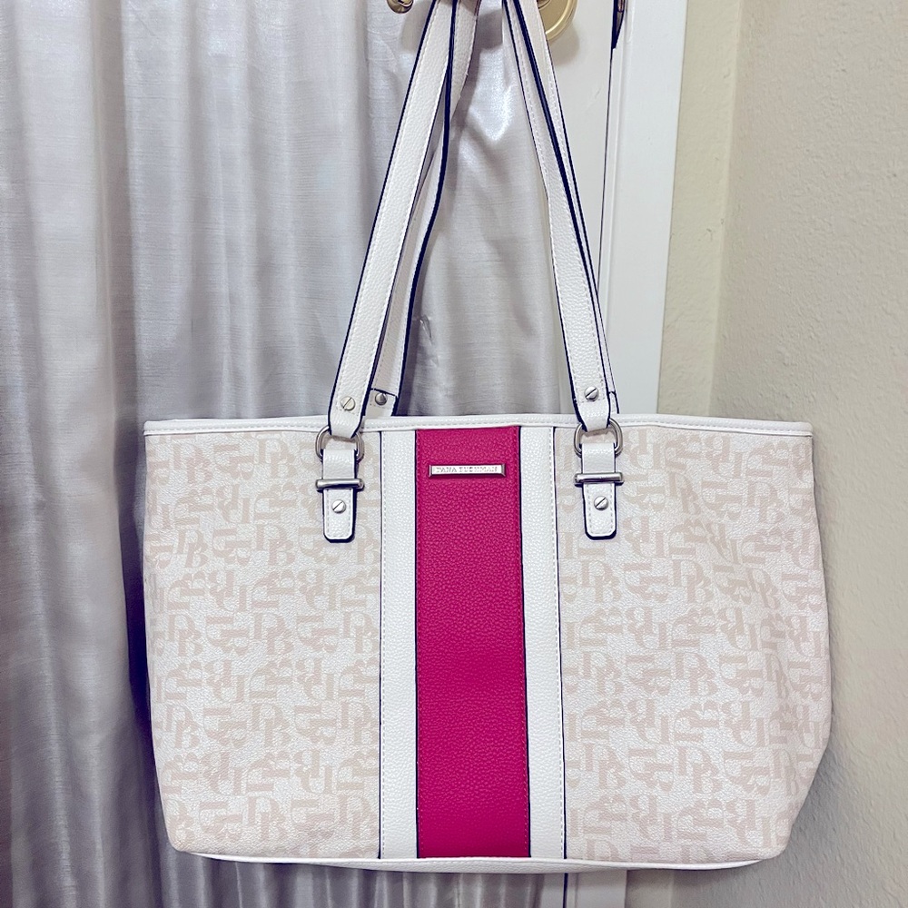 Dana Buchman White & Pink Canvas Monogram Tote Medium Size